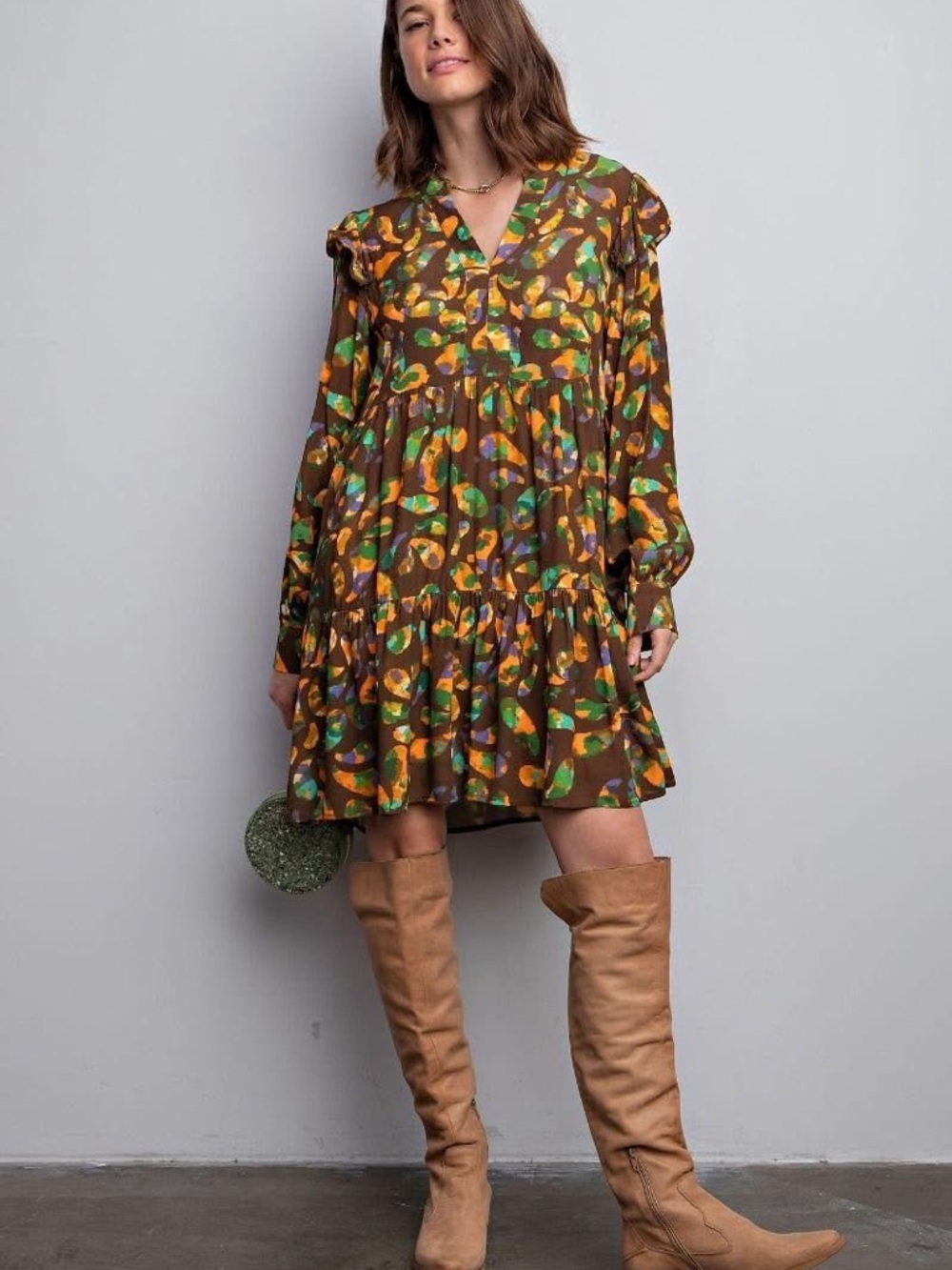 Easel Tiered Long-Sleeve V-Neck Dress in Mocha Brown Multi